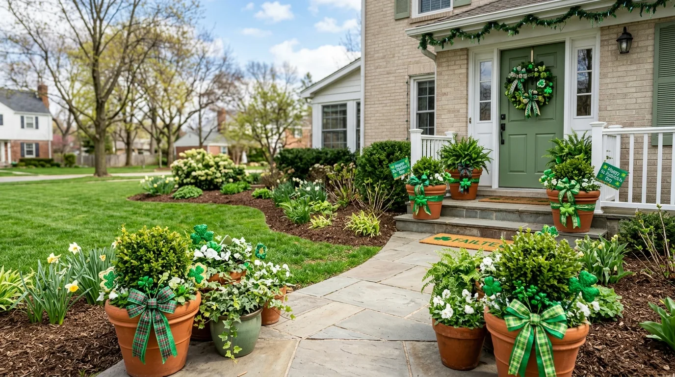 Outdoor planters styled with green ribbons and shamrocks